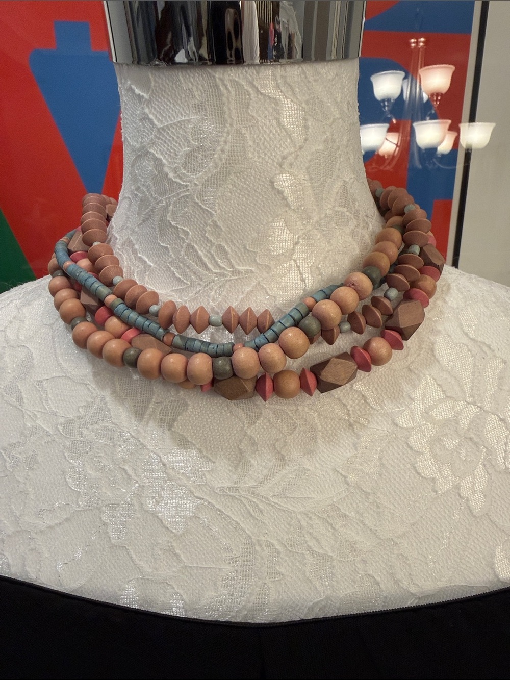 Vintage Multi-Strand Wooden Beaded Necklace Boho Statement Chunky